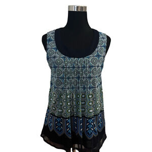 Rafaella Multicolor Geometric Pleated Neckline Sleeveless Lined Tank Shirt Small